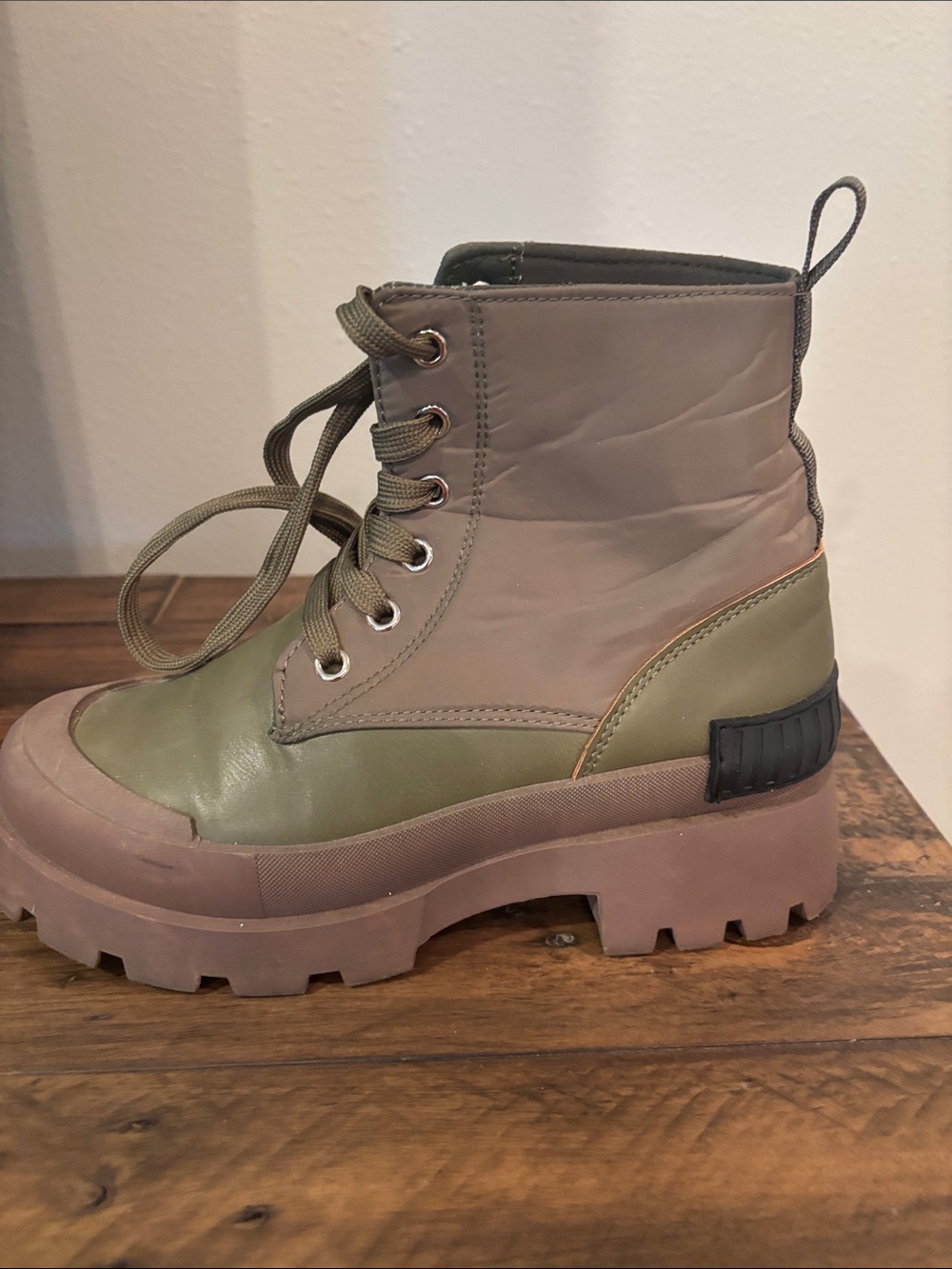 Qupid Olive and Taupe Lace-Up Platform Ankle Boot